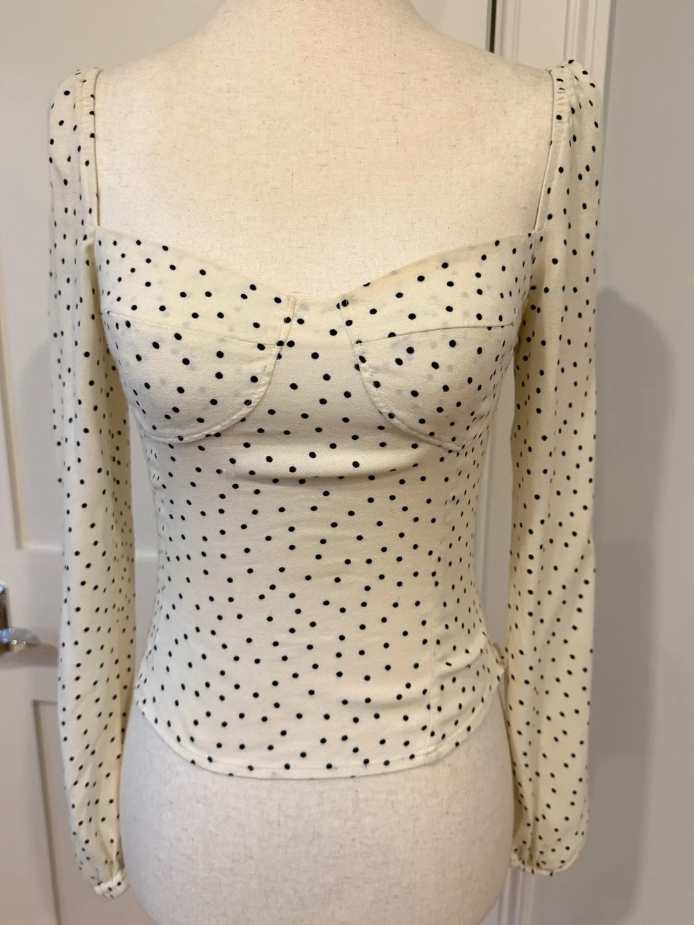 Reformation Reign Cream Polka Dot Sweetheart Long Sleeve Top